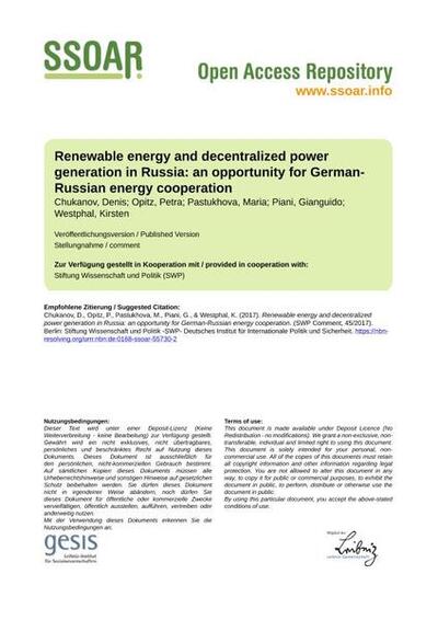 Renewable energy and decentralized power generation in Russia: an opportunity for German-Russian energy cooperation