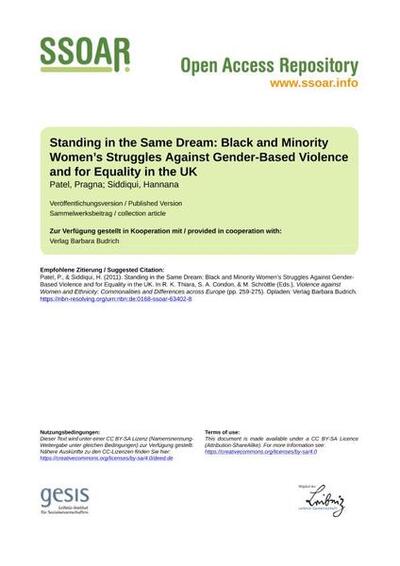Standing in the Same Dream: Black and Minority Women’s Struggles Against Gender-Based Violence and for Equality in the UK