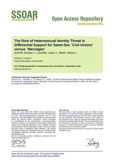 The Role of Heterosexual Identity Threat in Differential Support for Same-Sex `Civil Unions' versus `Marriages'