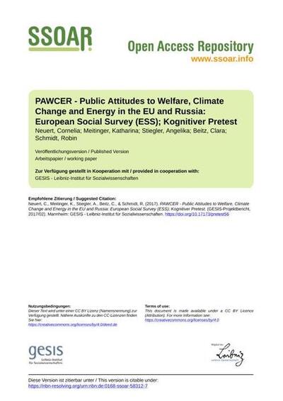 PAWCER - Public Attitudes to Welfare, Climate Change and Energy in the EU and Russia: European Social Survey (ESS); Kognitiver Pretest