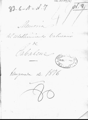 Biblioteca digital Dioscórides. Manuscritos.Memoria del establecimiento balneario de Jabalcuztemporada de 1876[médico director Dr.Leopoldo Martinez Reguera]706875