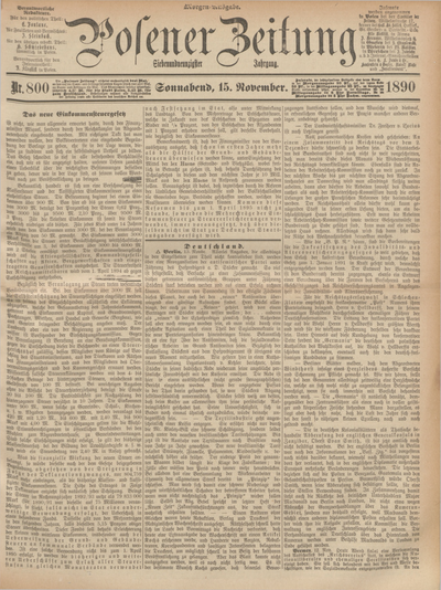 Posener Zeitung. Jg.97, Nr. 800 (15 November 1890) - Morgen=Ausgabe. + dod.
