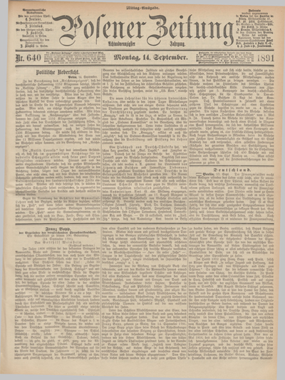 Posener Zeitung. Jg.98, Nr. 640 (14 September 1891) - Mittag=Ausgabe.