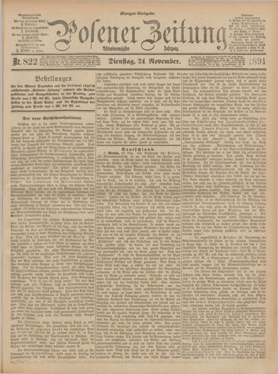 Posener Zeitung. Jg.98, Nr. 822 (24 November 1891) - Morgen=Ausgabe. + dod.