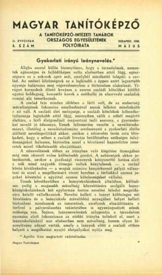 Magyar Tanítóképző1938. 51. évfolyam, 5. szám