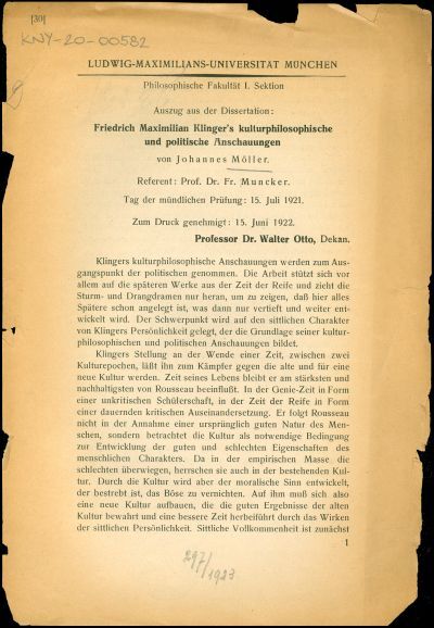 Friedrich Maximilian Klinger's kulturphilosopische und politische AnschauungenAuszug aus der Dissertation