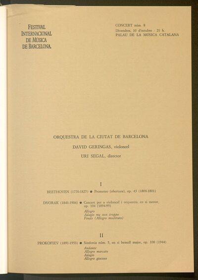 Concert núm. 8. Orquestra Ciutat de Barcelona. David Geringas, violoncel. Uri Segal, director