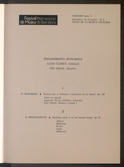 Concert núm. 9. Philaharmonia Hungarica. Uri Segal, director. Lluís Claret, violoncel