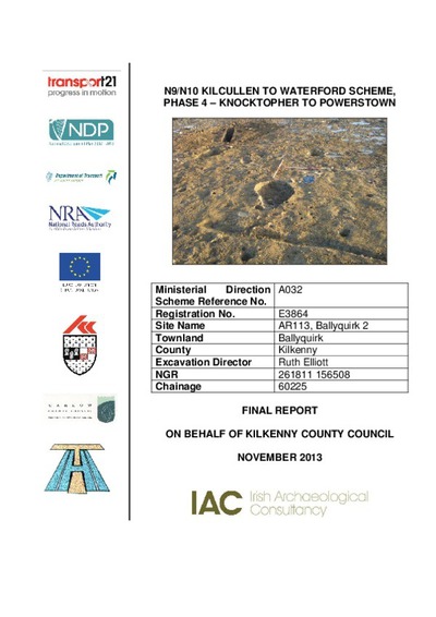 Archaeological excavation report, E3863 Ballyquirk 1, County Kilkenny.