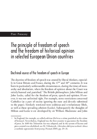 The principle of freedom of speech and the freedom of historical opinion in selected European Union countries