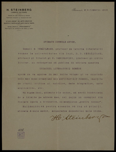 Scrisoare de la H. Steinberg pentru Alexandru T. Stamatiad, București, 8 octombrie 1915