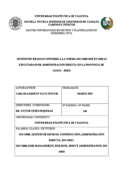 Gestión de riesgos conforme a la norma ISO 31000:2018 en obras ejecutadas por administración directa en la provincia de Cusco - Perú