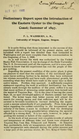 Preliminary report upon the introduction of the Eastern oyster to the Oregon coast : summer of 1897 / F. L. Washburn.