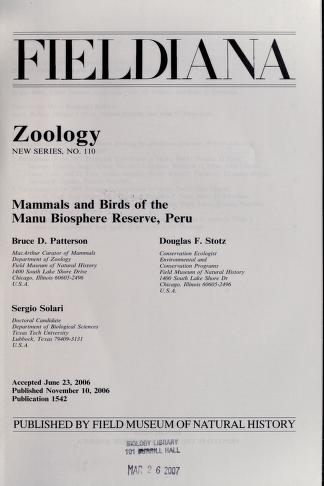 Mammals and birds of the Manu Biosphere Reserve, Peru