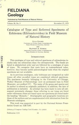 Catalogue of type and referred specimens of Echinozoa (Edrioasteroidea) in Field Museum of Natural HistoryCatalogue of echinozoa