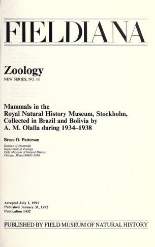 Mammals in the Royal Natural History Museum, Stockholm, collected in Brazil and Bolivia by A.M. Olalla during 1934-1938