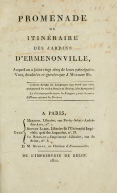 Promenade ou itinéraire des jardins d'Ermenonville, auquel on a joint vingt-cinq de leurs principales vues, dessinées et gravées par J. Merigot fils.