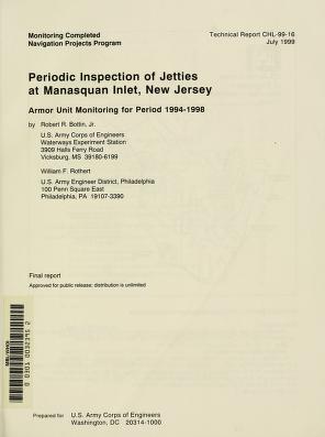 Periodic inspection of jetties at Manasquan Inlet, New Jersey : armor unit monitoring for period 1994-1998