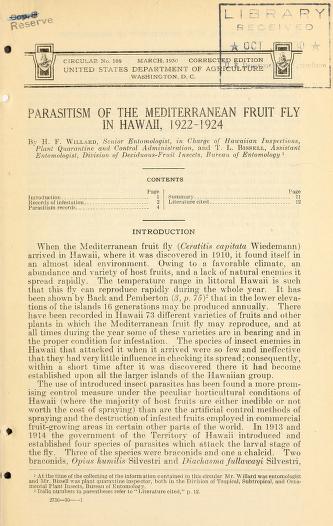 Parasitism of the Mediterranean fruit fly in Hawaii, 1922-1924