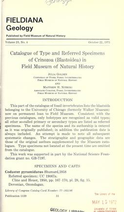 Catalogue of type and referred specimens of Crinozoa (Blastoidea) in Field Museum of Natural HistoryCrinozoa catalogue