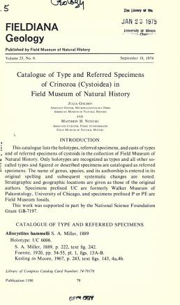 Catalogue of type and referred specimens of Crinozoa (Cystoidea) in Field Museum of Natural HistoryCrinozoa catalogue
