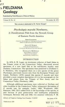 Ptycholepis marshi Newberry : a chondrostean fish from the Newark group of Eastern North AmericaPtycholepis marshi