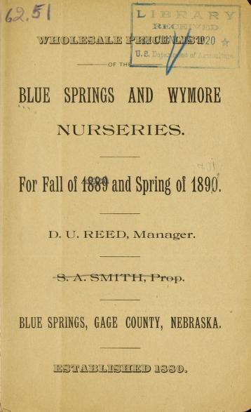 Wholesale price list of the Blue Springs and Wymore Nurseries for fall of 1889 and spring of 1890