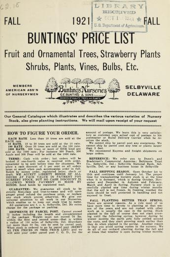 Fall 1921 Buntings' price list : fruit and ornamental trees, strawberry plants, shrubs, plants, vines, bulbs, etc.