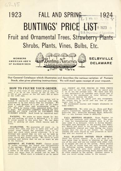 1923 Fall and spring 1924 : Buntings' price list [of] fruit and ornamental trees, strawberry plants, shrubs, plants, vines, bulbs, etc.