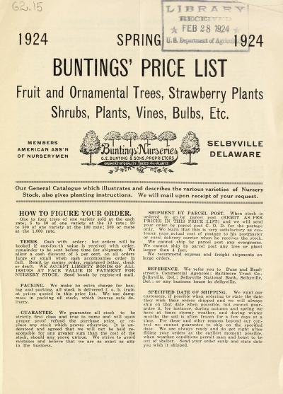 Spring 1924 Buntings' price list : fruit and ornamental trees, strawberry plants, shrubs, plants, vines, bulbs, etc.