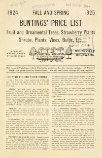 1924 fall and spring 1925 Buntings' price list [of] fruit and ornamental trees, strawberry plants, shrubs, plants, vines, bulbs, etc.