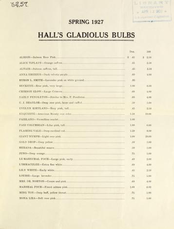 Hall's gladiolus bulbs : spring, 1927