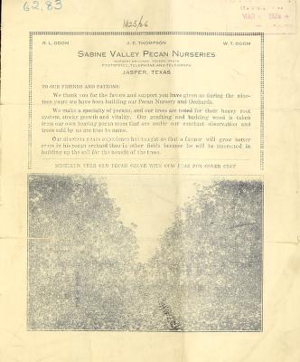 Price list : 1925-1926Sabine Valley Pecan Nurseries / R. L. Odom, A. E. Thompson, W. T. Odom