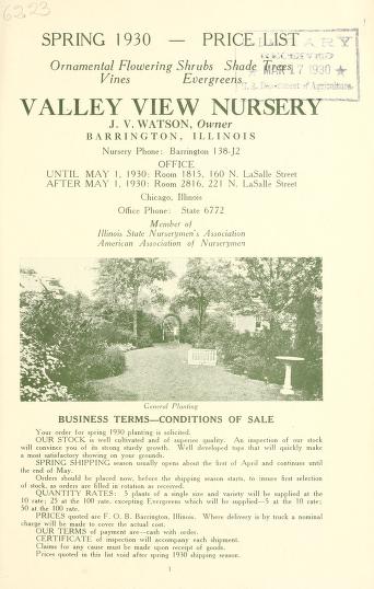 Ornamental flowering shrubs, shade trees, vines, evergreens : spring 1930 price listSpring 1930 price list / Valley View Nursery
