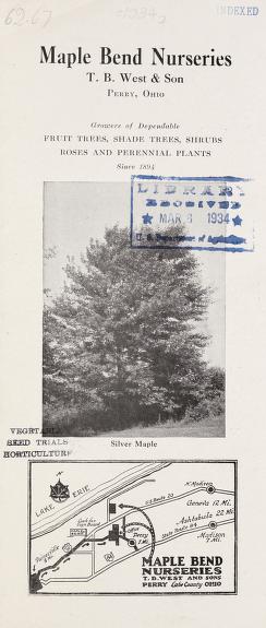 Maple Bend Nurseries, T.B. West & Son, growers of dependable fruit trees, shade trees, shrubs, roses and perennial plants since 1894.