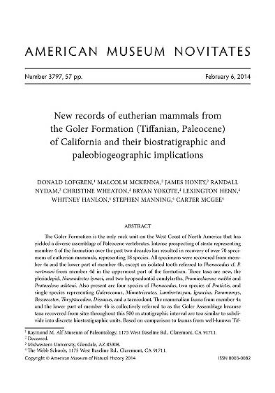 New records of eutherian mammals from the Goler Formation (Tiffanian, Paleocene) of California and their biostratigraphic and paleobiogeographic implicationsGoler Formation eutherian mammals
