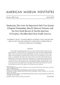 Quaternary bats from the Impossível-Ioiô cave cystem (Chapada Diamantina, Brazil) : humeral remains and the first fossil record of Noctilio leporinus (Chiroptera, Noctilionidae) from South AmericaQuaternary bats from Chapada Diamantina, Brazil