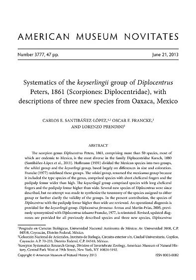 Systematics of the keyserlingii group of Diplocentrus Peters, 1861 (Scorpiones, Diplocentridae), with descriptions of three new species from Oaxaca, Mexico