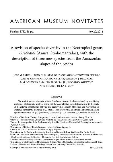 A revision of species diversity in the neotropical genus Oreobates (Anura, Strabomantidae), with the description of three new species from the Amazonian slopes of the AndesRevision of species diversity in Oreobates