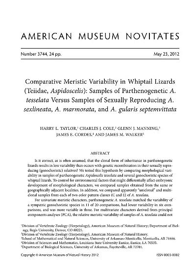 Comparative meristic variability in whiptail lizards (Teiidae, Aspidoscelis) : samples of parthenogenetic A. tesselata versus samples of sexually reproducing A. sexlineata, A. marmorata, and A. gularis septemvittataMeristic variability in whiptail lizardsSamples of parthenogenetic A. tesselata versus samples of sexually reproducing A. sexlineata, A. marmorata, and A. gularis septemvittata