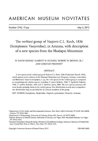 The vorhiesi group of Vaejovis C.L. Koch, 1836 (Scorpiones, Vaejovidae), in Arizona, with description of a new species from the Hualapai MountainsNew Vaejovis from Hualapai Mountains, Arizona