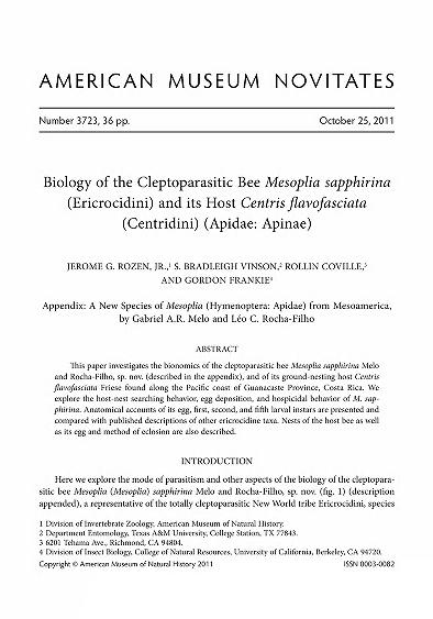 Biology of the cleptoparasitic bee Mesoplia sapphirina (Ericrocidini) and its host Centris flavofasciata (Centridini) (Apidae, Apinae)Mesoplia sapphirina