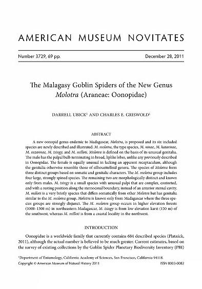 The Malagasy goblin spiders of the new genus Molotra (Araneae, Oonopidae)New genus Molotra