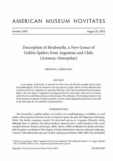 Description of Birabenella, a new genus of goblin spiders from Argentina and Chile (Araneae, Oonopidae)Birabenella, new genus of goblin spiders