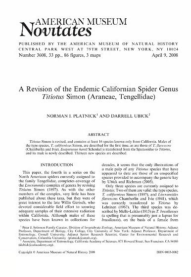 A revision of the endemic Californian spider genus Titiotus Simon (Araneae, Tengellidae)