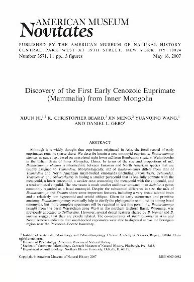 Discovery of the first early Cenozoic euprimate (Mammalia) from Inner MongoliaAsian Cenozoic euprimate