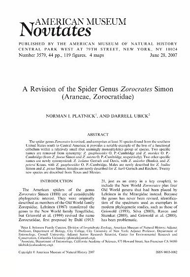 A revision of the spider genus Zorocrates Simon (Araneae, Zorocratidae)Spider genus Zorocrates