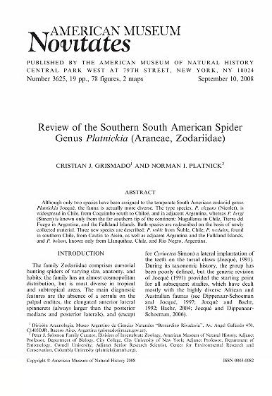 Review of the southern South American spider genus Platnickia (Araneae, Zodariidae)Review of Platnickia (Aranea, Zodariidae)