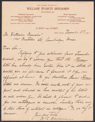William Brewster correspondence. Senders Bell-Birtwell