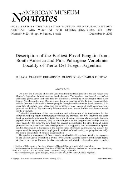 Description of the earliest fossil penguin from South America and first Paleogene vertebrate locality of Tierra Del Fuego, ArgentinaFossil penguin